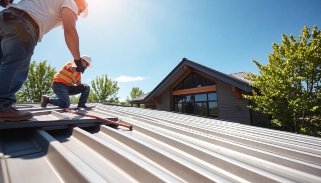 Metal roofing installation highlighting shiny panels and expert craftsmanship on a modern home.