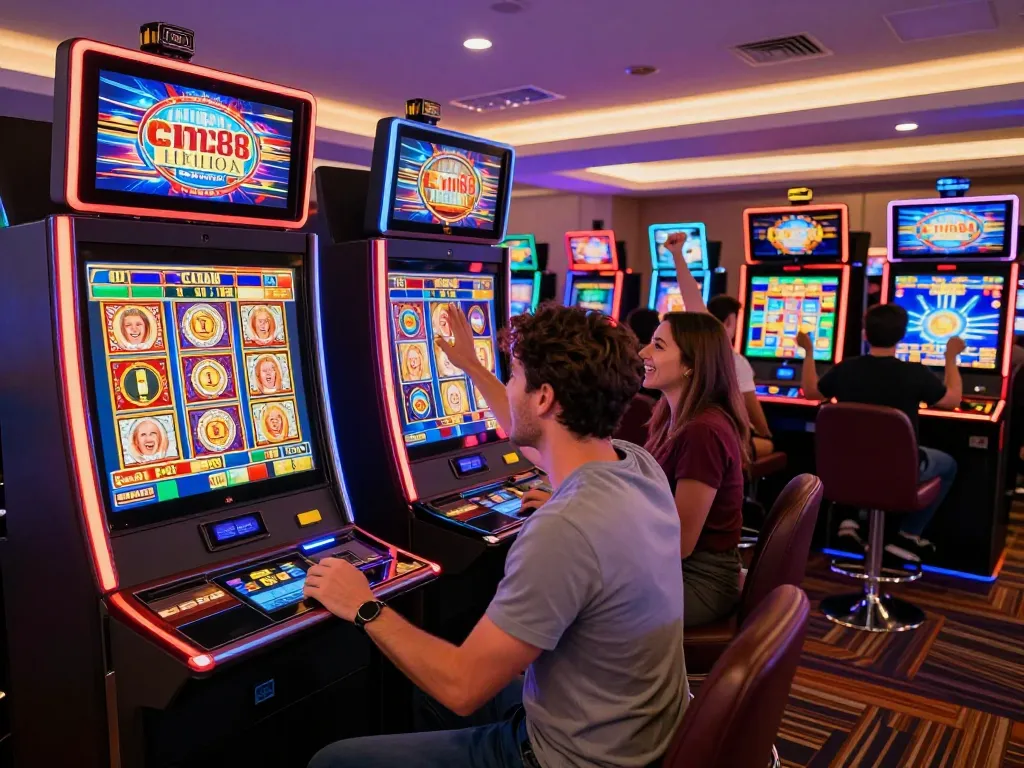Exciting moment at cm88 as a player celebrates a jackpot win on a vibrant slot machine surrounded by friends.
