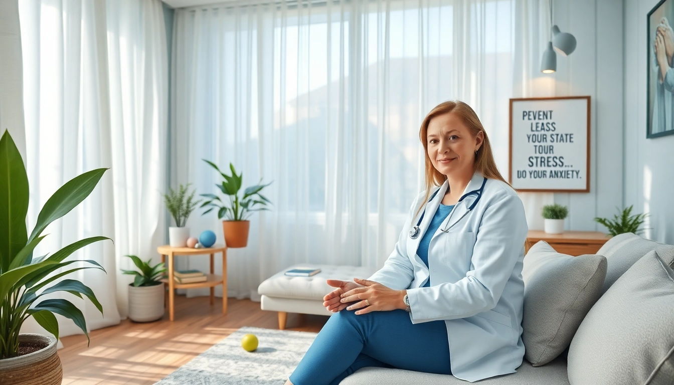 Manage stress and anxiety with a therapist in a calming office environment equipped with soothing decor.