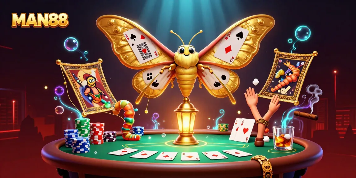 Experience MAN88's vibrant casino scene with a majestic moth and poker elements for thrilling gameplay.