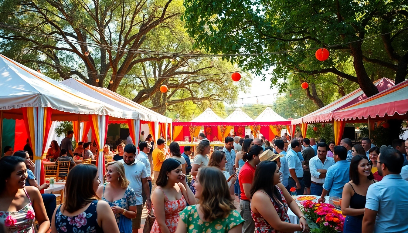 Guests enjoying Outdoor Party Rentals in a beautifully decorated outdoor space with colorful tents.