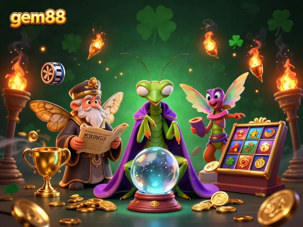 Engage in thrilling slots at gem88 with unique characters in a vibrant casino setting.