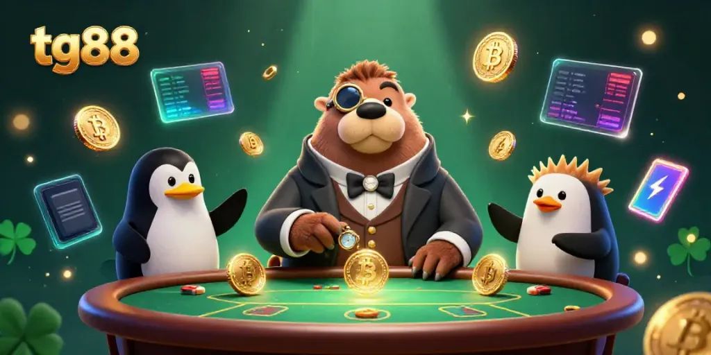 Experience intense poker action with tg88's engaging underwater scene featuring exotic characters and crypto elements.