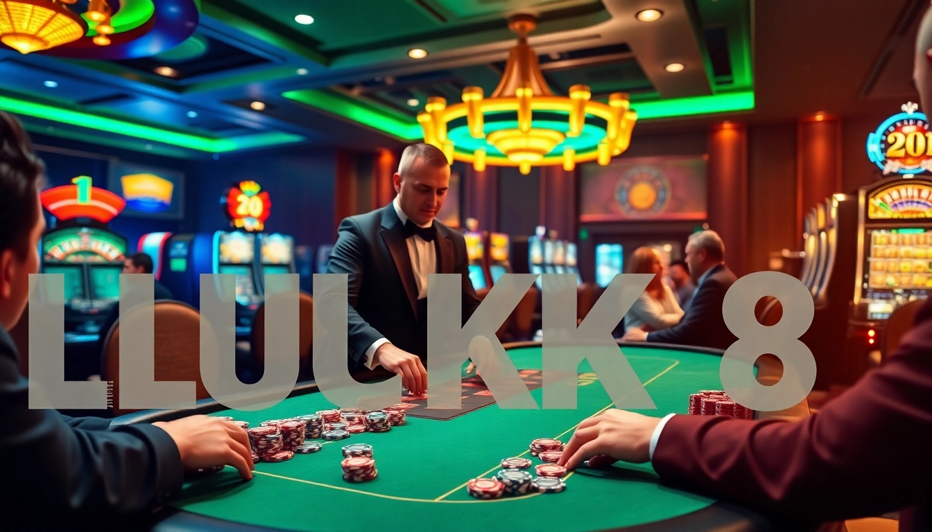 High-stakes poker game at a luxurious casino highlighting LUCK8 elements.