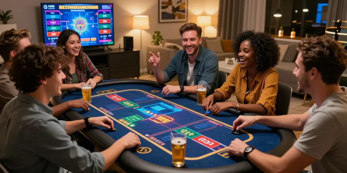Friends enjoying a lively night with rokok88 daftar online gambling on interactive screens, surrounded by snacks and drinks.