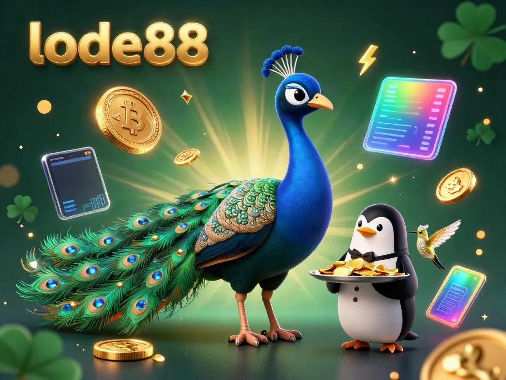 Engage with lode88's vibrant gaming scene featuring an aristocratic peacock, a butler penguin, and golden chips.