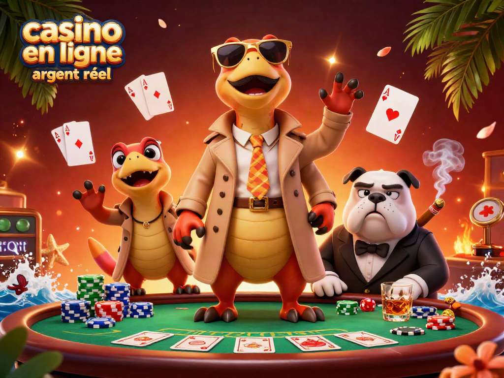 Entrez dans l'univers des jeux avec le casino en ligne argent réel, observé par des raptors déguisés.