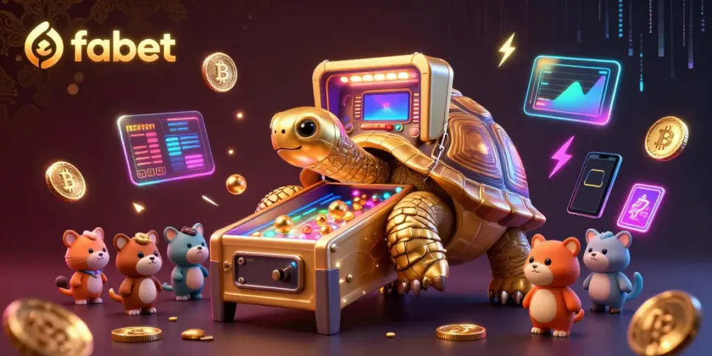 Experience the vibrant games at fabet with animated golden tortoise and crypto elements in lively casino scene.