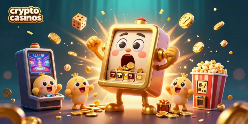 Experience the excitement of crypto casinos as a golden slot machine hits a jackpot, surrounded by vibrant gaming elements.