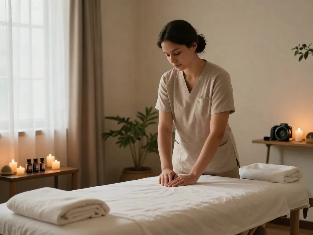 Serene atmosphere in 서대문출장안마 therapy room with professional therapist and inviting setup.