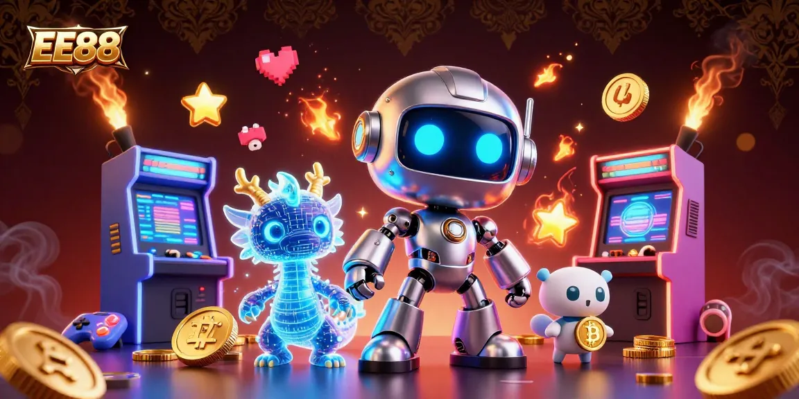 Experience the vibrant EE88 casino with dynamic characters and classic gaming elements in an electrifying 3D illustration.
