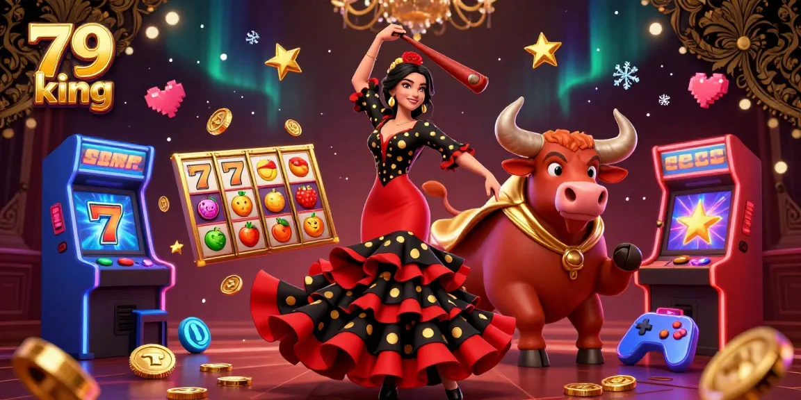 Engage in vibrant casino gaming with 79 king as a dazzling woman and fighting bull animate amidst slot reels and arcade machines.
