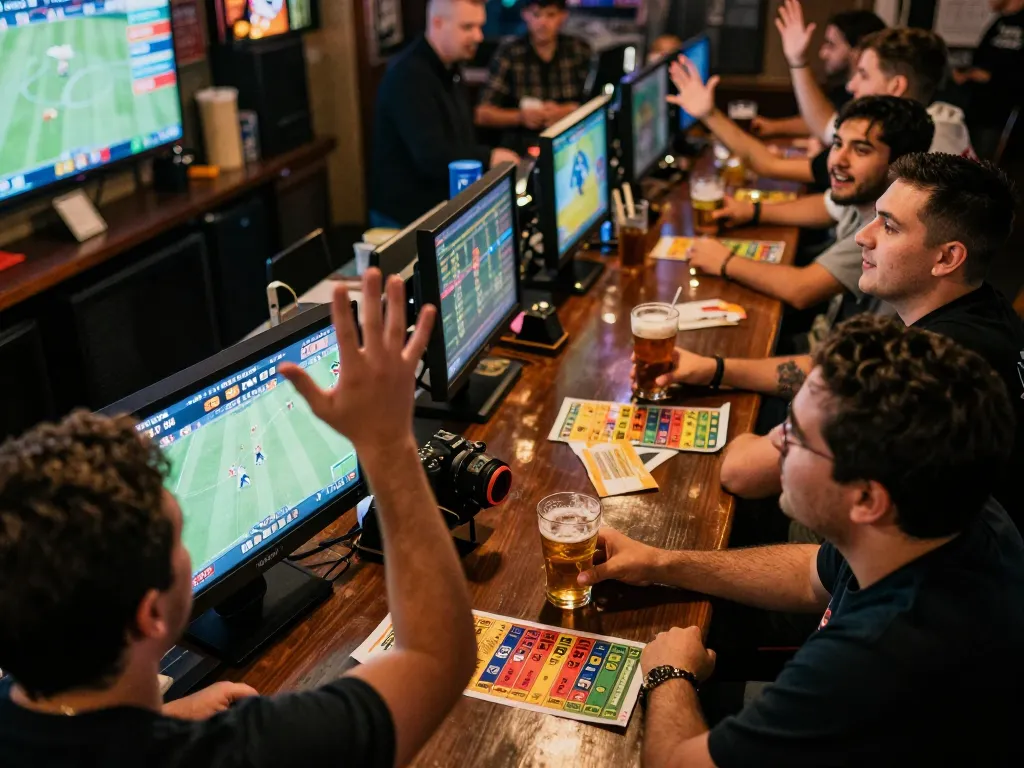 Excited friends celebrating winning bets at OPEN888 during live sports betting event at a lively bar.