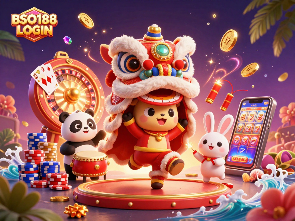 Experience the thrill of BSO188 LOGIN with a vibrant 3D casino illustration featuring lucky symbols and festive characters.