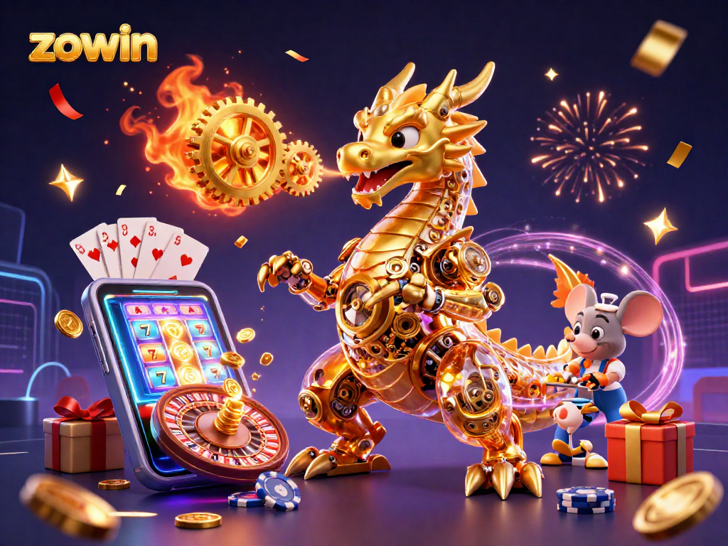 Engage with zowin's thrilling slot adventure featuring a golden dragon and colorful game elements.