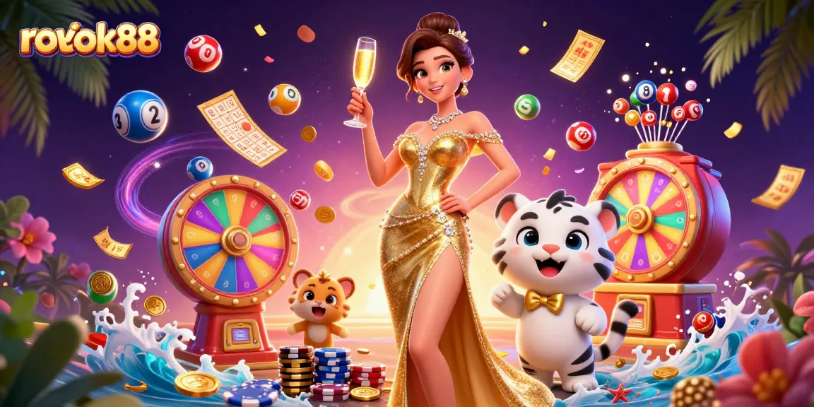 Play exciting games at rokok88 with a glamorous woman and a lucky tiger, surrounded by dynamic casino elements.