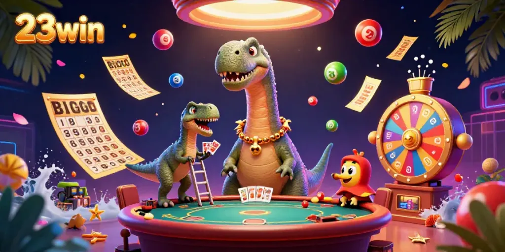 Engage in thrilling gambling with 23win featuring a whimsical casino scene filled with playful dinosaur characters and vibrant game elements.