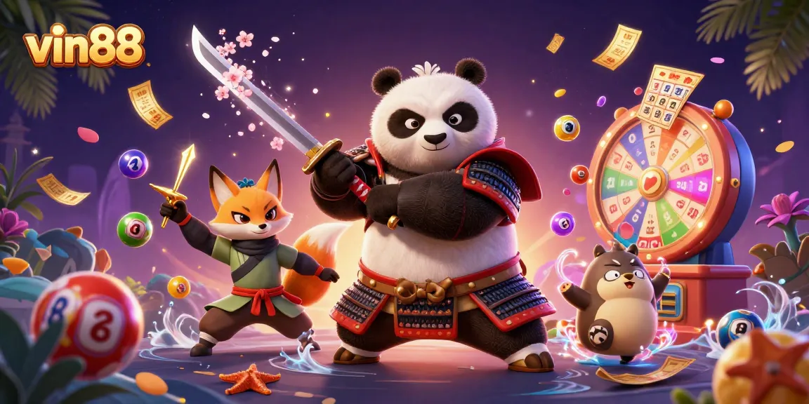 Engage in exciting gaming moments at vin88 with a cartoon samurai panda and ninja fox.