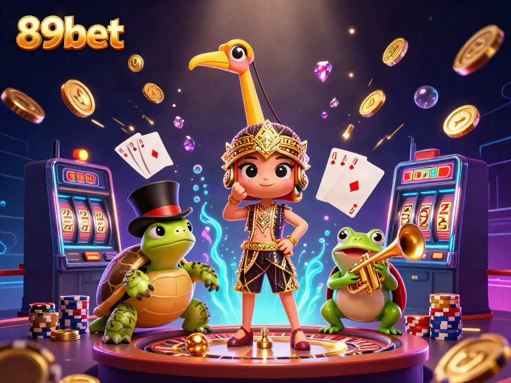 Experience excitement with 89bet's vibrant 3D gaming scene featuring dynamic characters and casino elements.