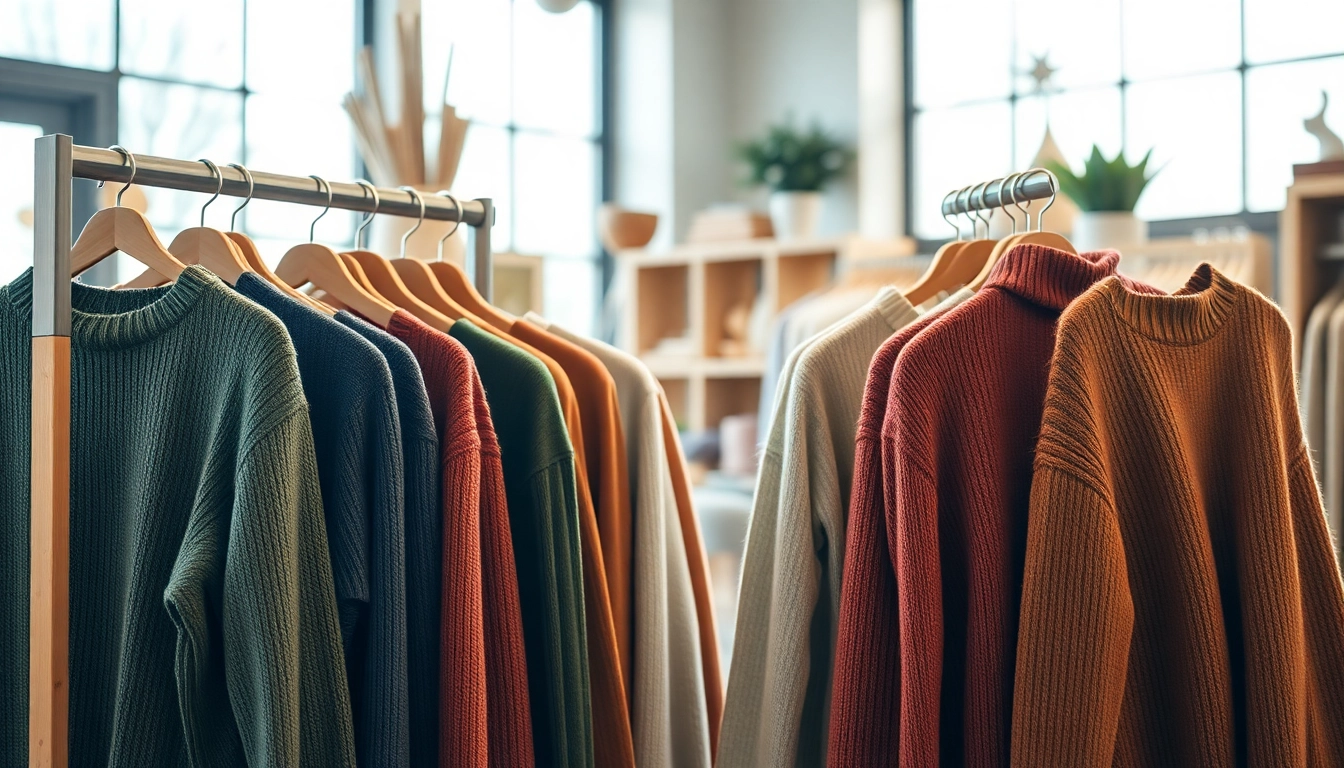 Stylish jumpers arranged beautifully in a cozy boutique, showcasing vibrant colors and textures.