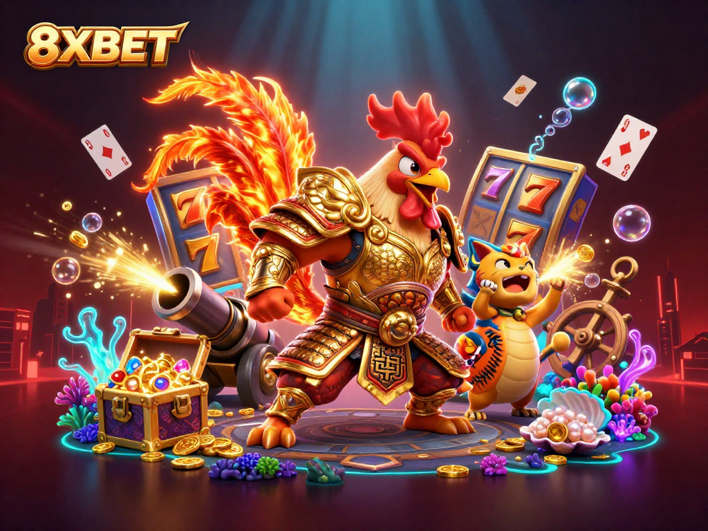 Experience thrilling wins at 8XBET with a powerful fighting rooster, an armored dragon hatchling, and underwater treasures!