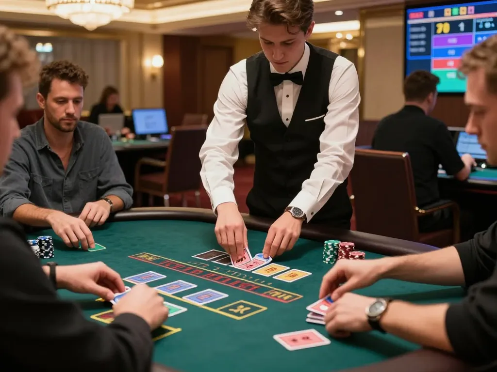 Players engaging in a thrilling blackjack game at kp88s, showcasing dynamic dealer interactions and colorful chips.
