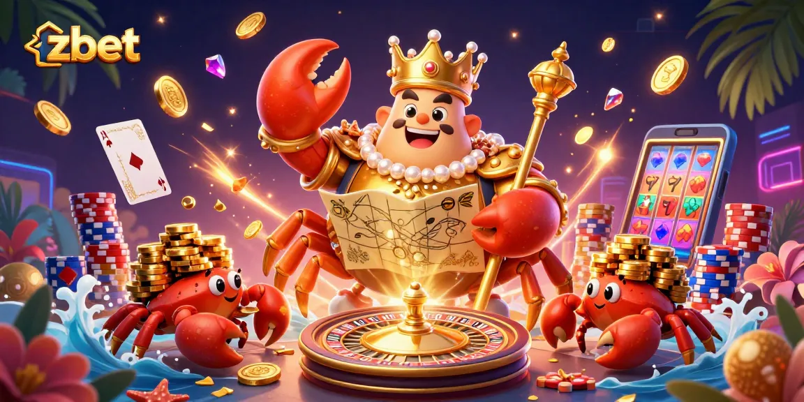 Experience thrilling wins at zbet featuring an emperor crab amidst vibrant casino elements.