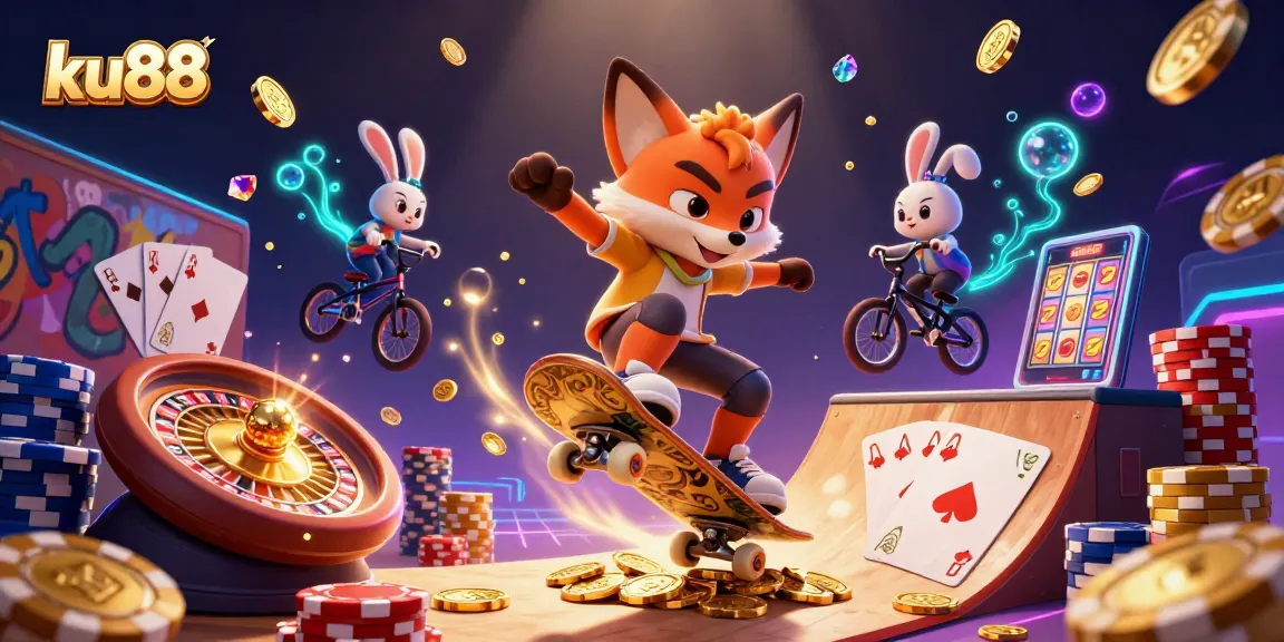 ku88 showcases fun gaming with a cartoon fox performing tricks over golden poker chips.