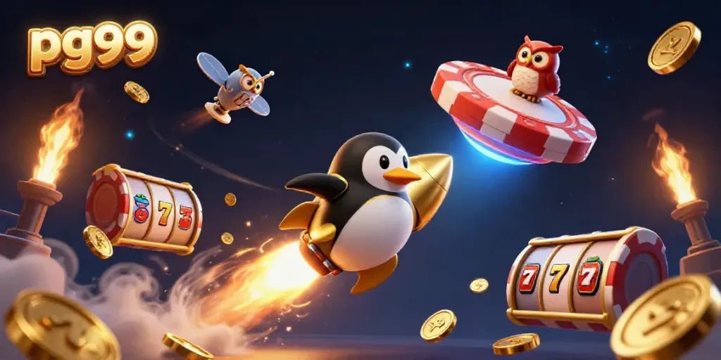 Experience the thrill of pg99 with a golden penguin navigating a casino-themed galaxy.