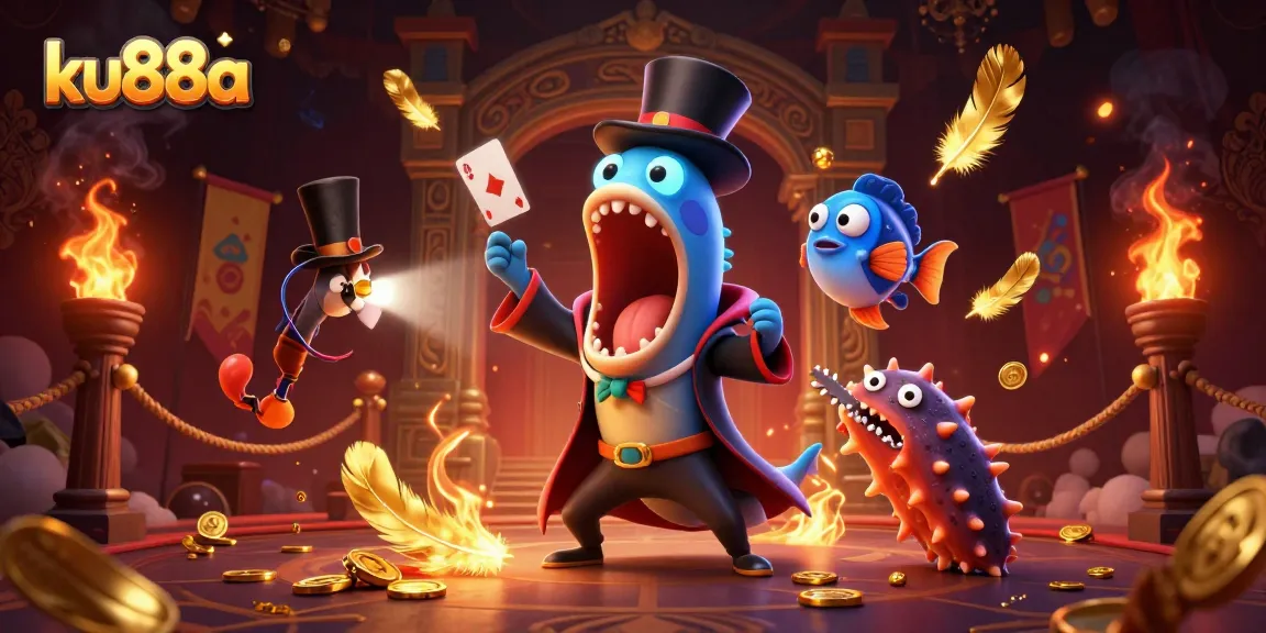 ku88a showcases a bioluminescent eel performing card tricks in a dynamic casino scene.