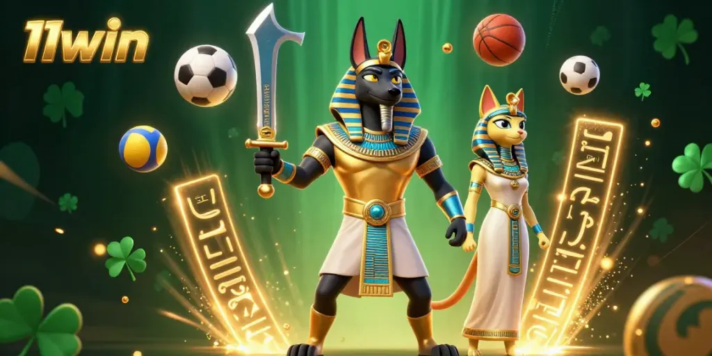 Engage with the thrilling 11win casino atmosphere featuring Anubis and Bastet amid vibrant sports motifs.