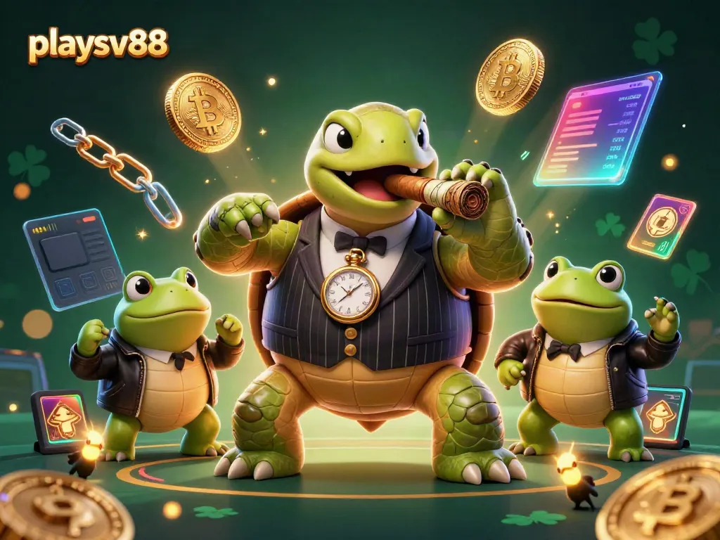 Experience thrilling action with playsv88 as a giant snapping turtle leads a dynamic casino scene.