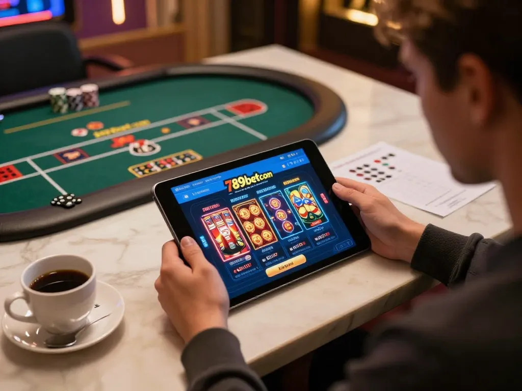 Engaged player immersed in 789betcom online casino gaming experience, showcasing tablet interface and strategy materials.
