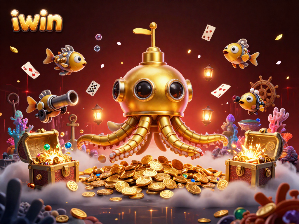 Experience the iwin excitement with a vibrant underwater scene featuring a golden kraken and treasure!