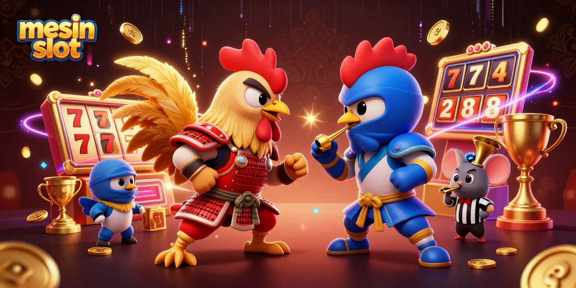 Engaging scene showcasing twin roosters in samurai and ninja attire amid vibrant mesin slot elements.