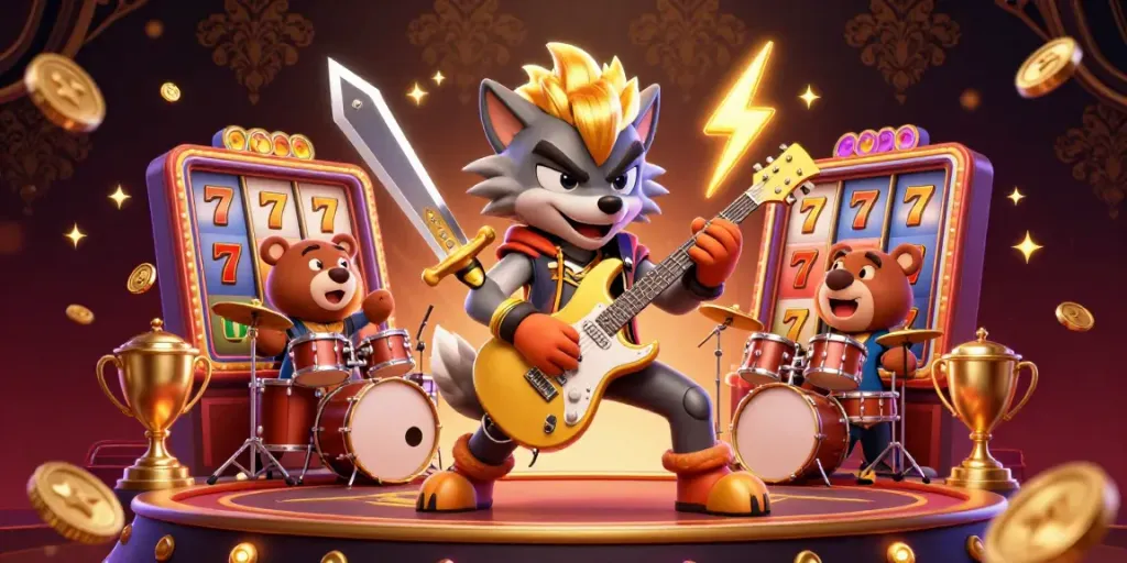 Experience the thrill with link đăng nhập mu88 in this vibrant casino scene featuring 3D wolves and slots.