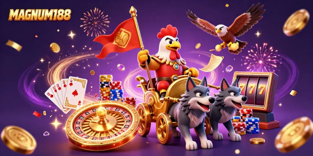 Experience MAGNUM188 with a vibrant 3D casino scene featuring a rooster warlord amidst spinning roulette and cascading coins.