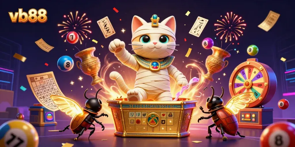 Experience the excitement of vb88 with a vibrant casino scene featuring a mummy cat and golden lottery elements.
