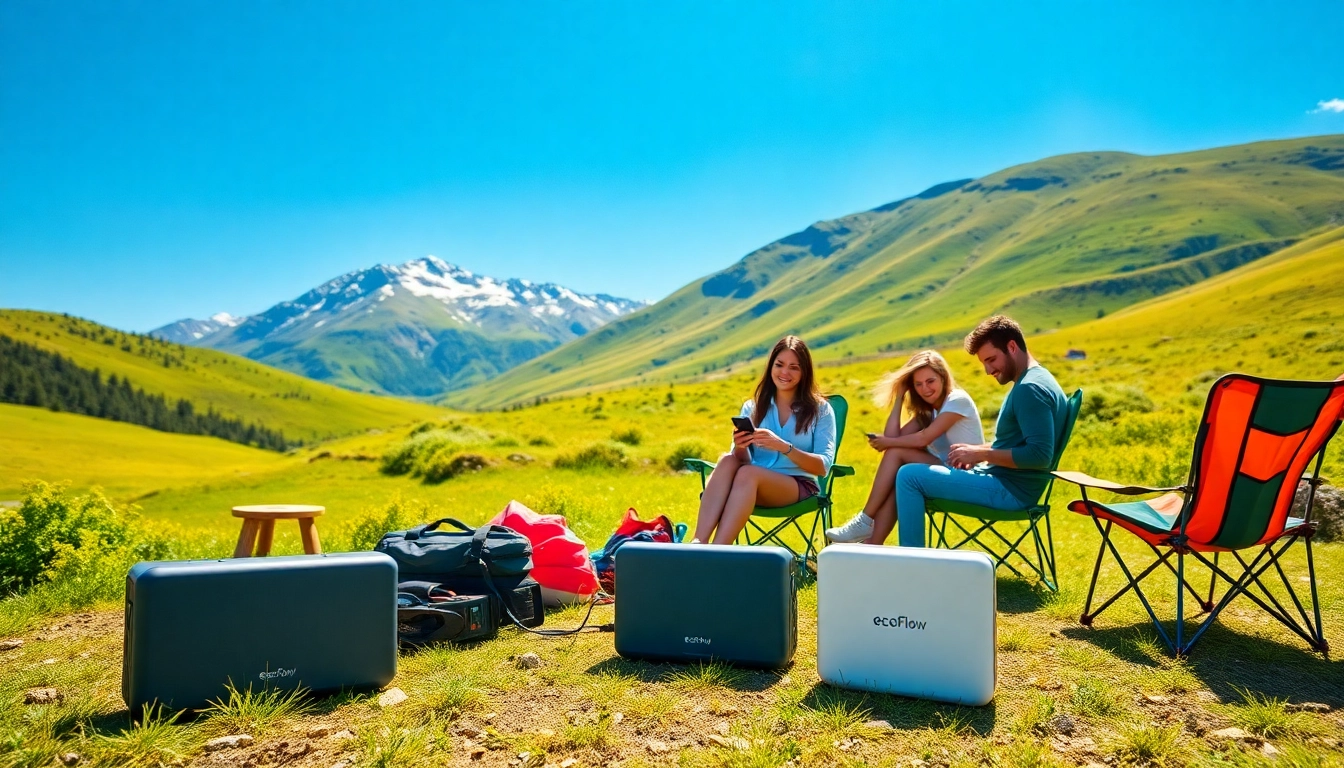 EcoFlow devices powering devices at a scenic campsite with a family enjoying the outdoor experience.
