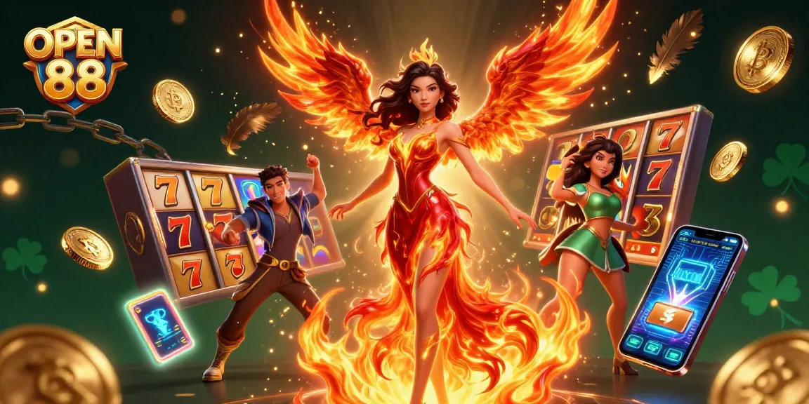 Play slots and win with OPEN 88 in a vibrant 3D illustration showcasing dynamic casino elements.