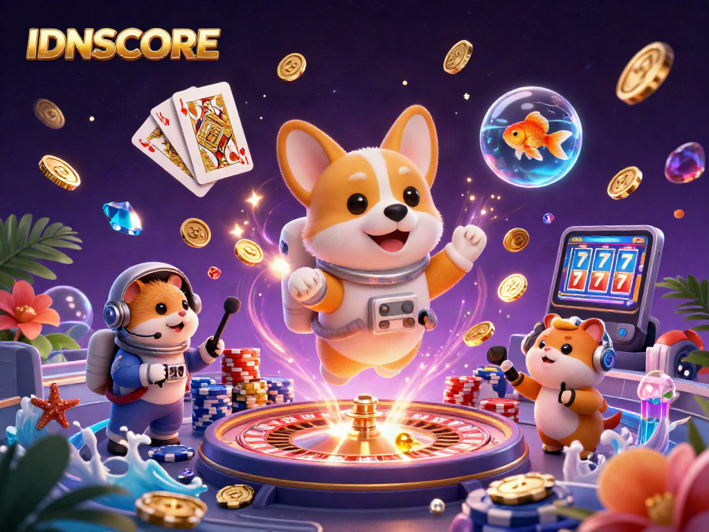 Experience excitement with IDNSCORE in this lively floating 3D casino scene featuring vibrant characters and game elements.
