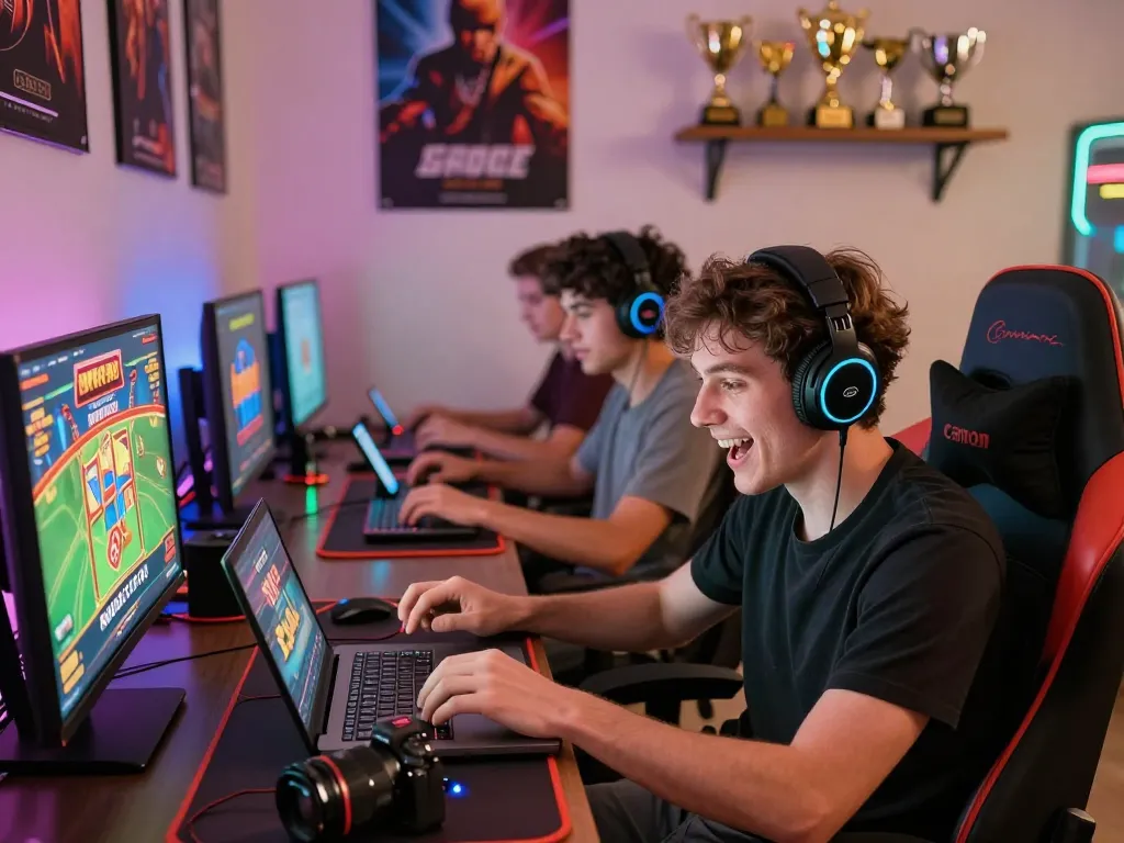 Excited gamers enjoying diverse games on go88 platform in a vibrant setting.