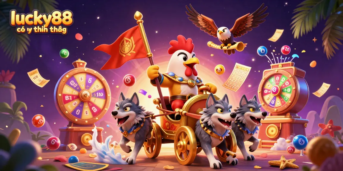Engage with lucky88 có uy tín không as the cartoon rooster warlord leads a vibrant casino scene with dynamic elements.