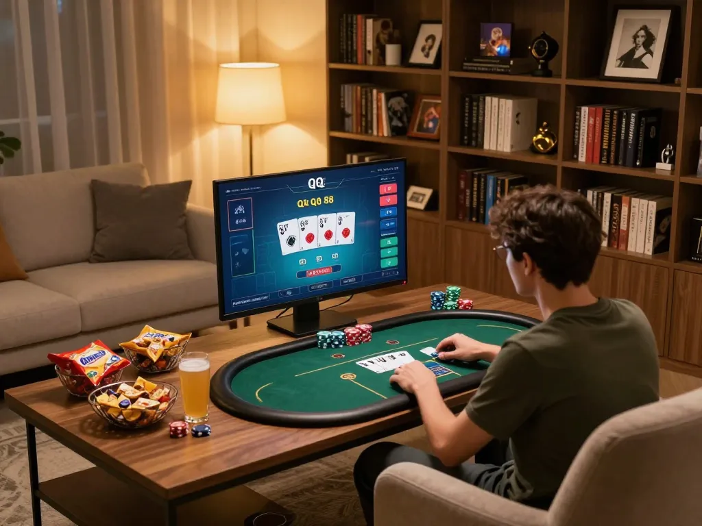 Engaging in a thrilling QQ 88 poker game on a stylish home desktop setup with cozy ambiance.