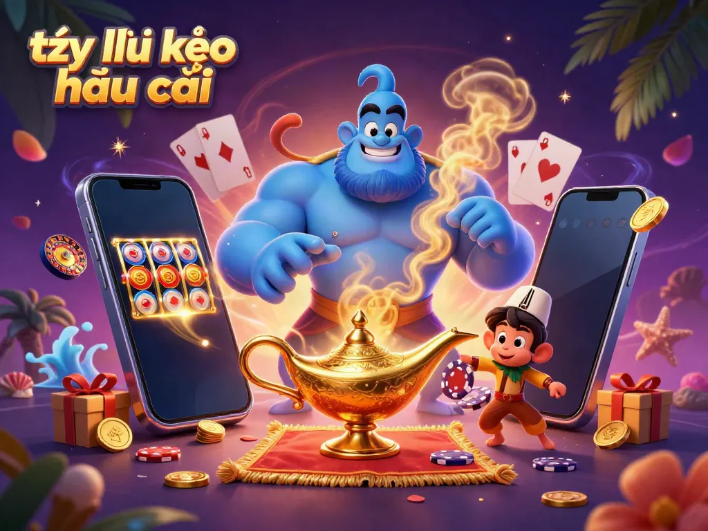 Experience the excitement of tỷ lệ kèo nhà cái with vibrant casino illustrations featuring a genie and gambling elements.