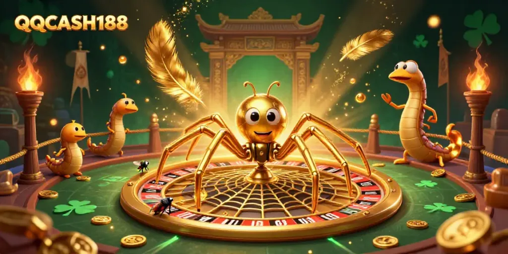 Engage with QQCASH188 as the golden spider weaves a roulette wheel of lucky bets.
