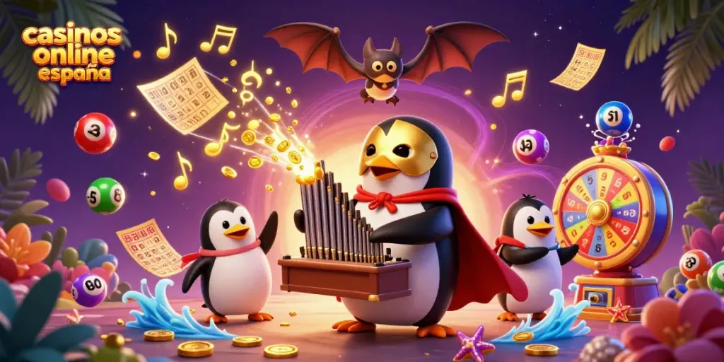 Juega en casinos online España con una escena vibrante de un pingüino tocando un órgano que lanza monedas doradas.