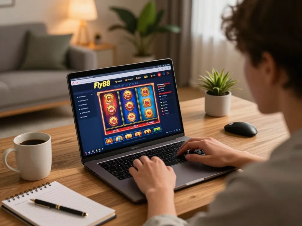 Fly88 user engaged in online gaming, showcasing a vibrant home casino atmosphere
