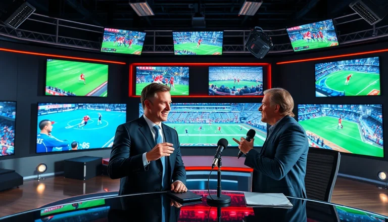 Broadcasting professionals energized by Sports Broadcasting in a modern studio setting.