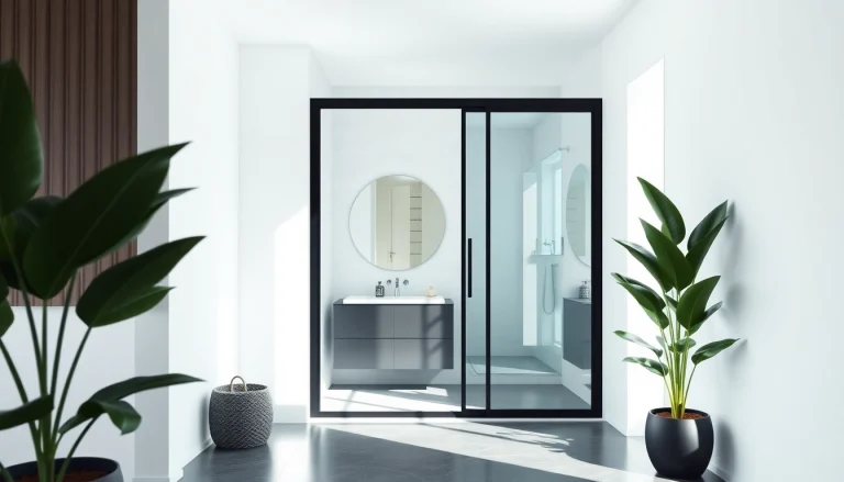 Elegant bathroom showcasing a black shower sliding door with sleek designs and modern aesthetics.